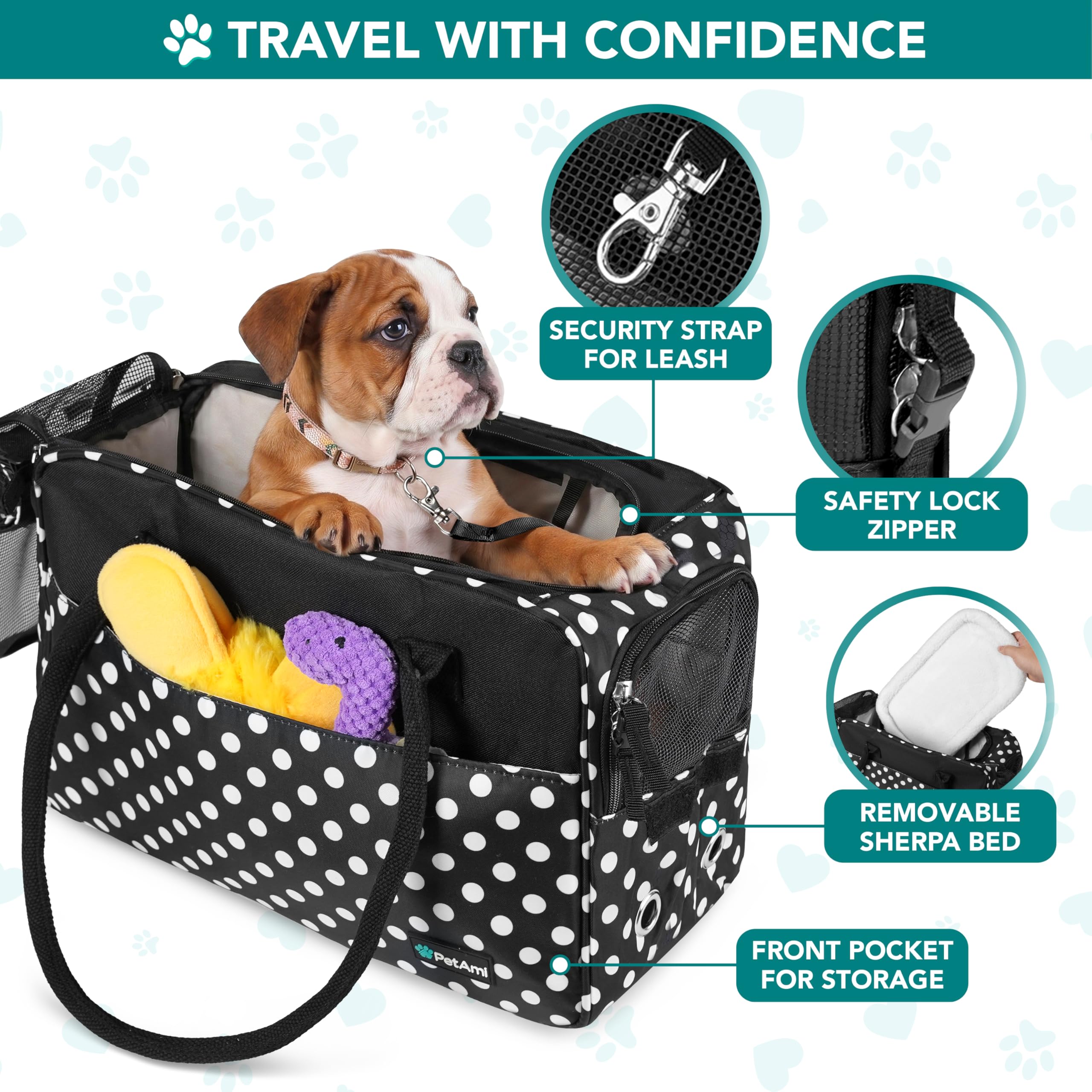 PetAmi dog purse carrier with removable sherpa bed for cozy rests.