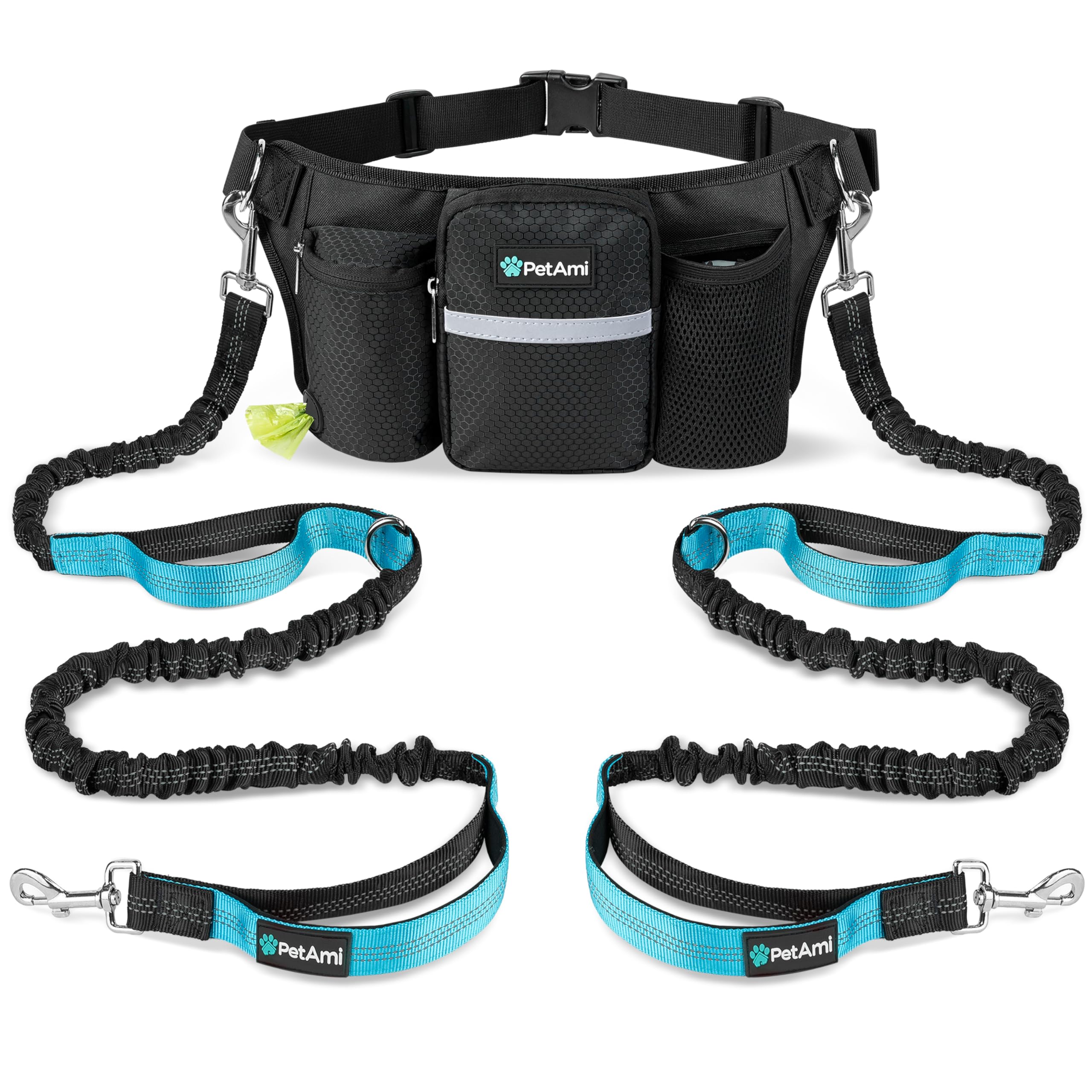 PetAmi ergonomic hands-free setup for walking two dogs on runs.