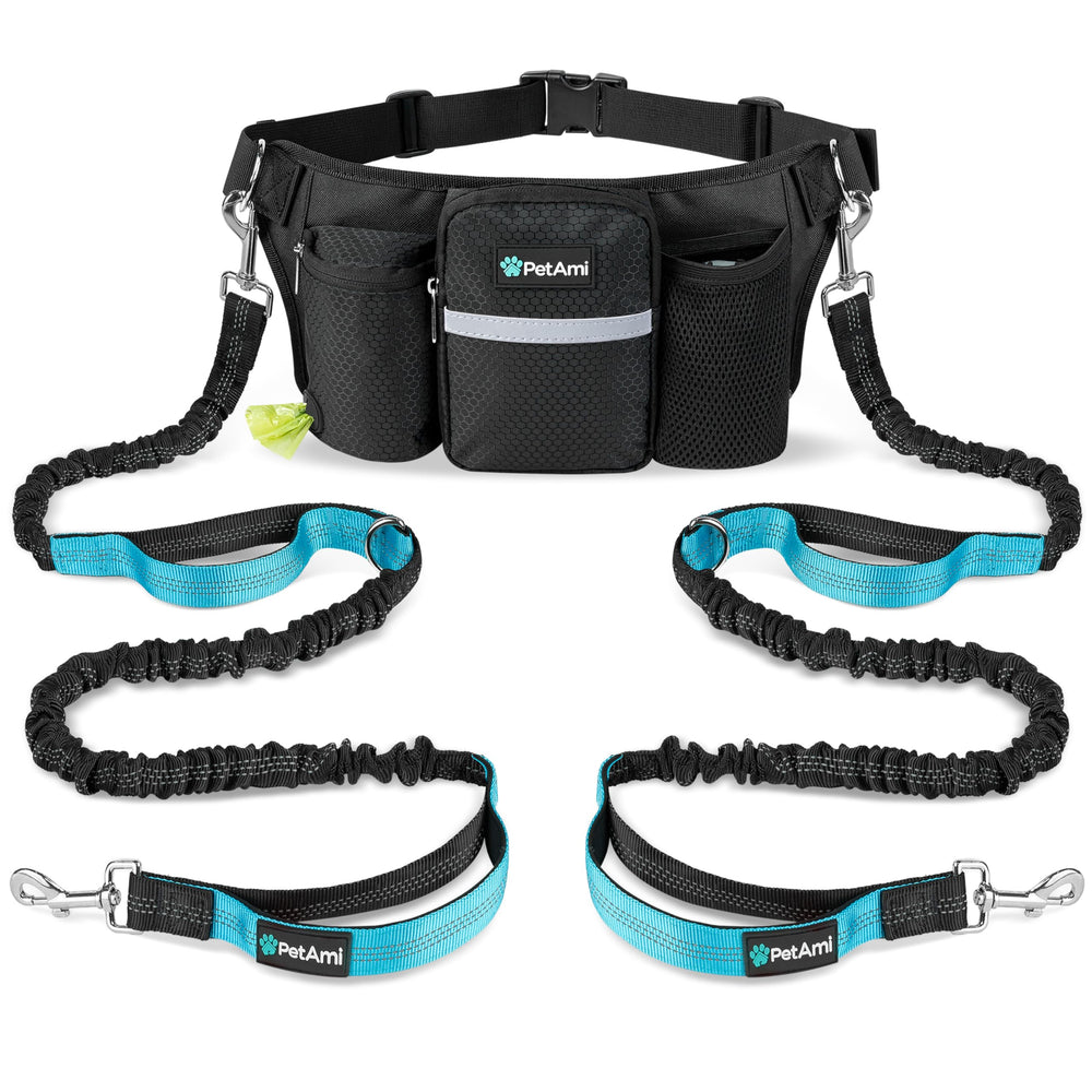 PetAmi ergonomic hands-free setup for walking two dogs on runs.