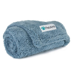PetAmi fluffy waterproof dog blanket in dusty blue on a sofa protects furniture and boosts comfort.