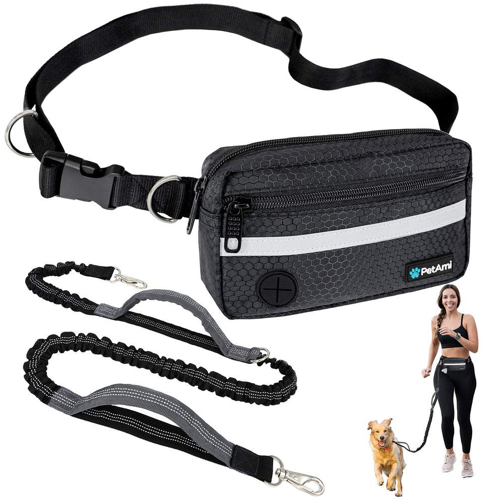 PetAmi hands-free leash with waist bag enables hands-free walking.