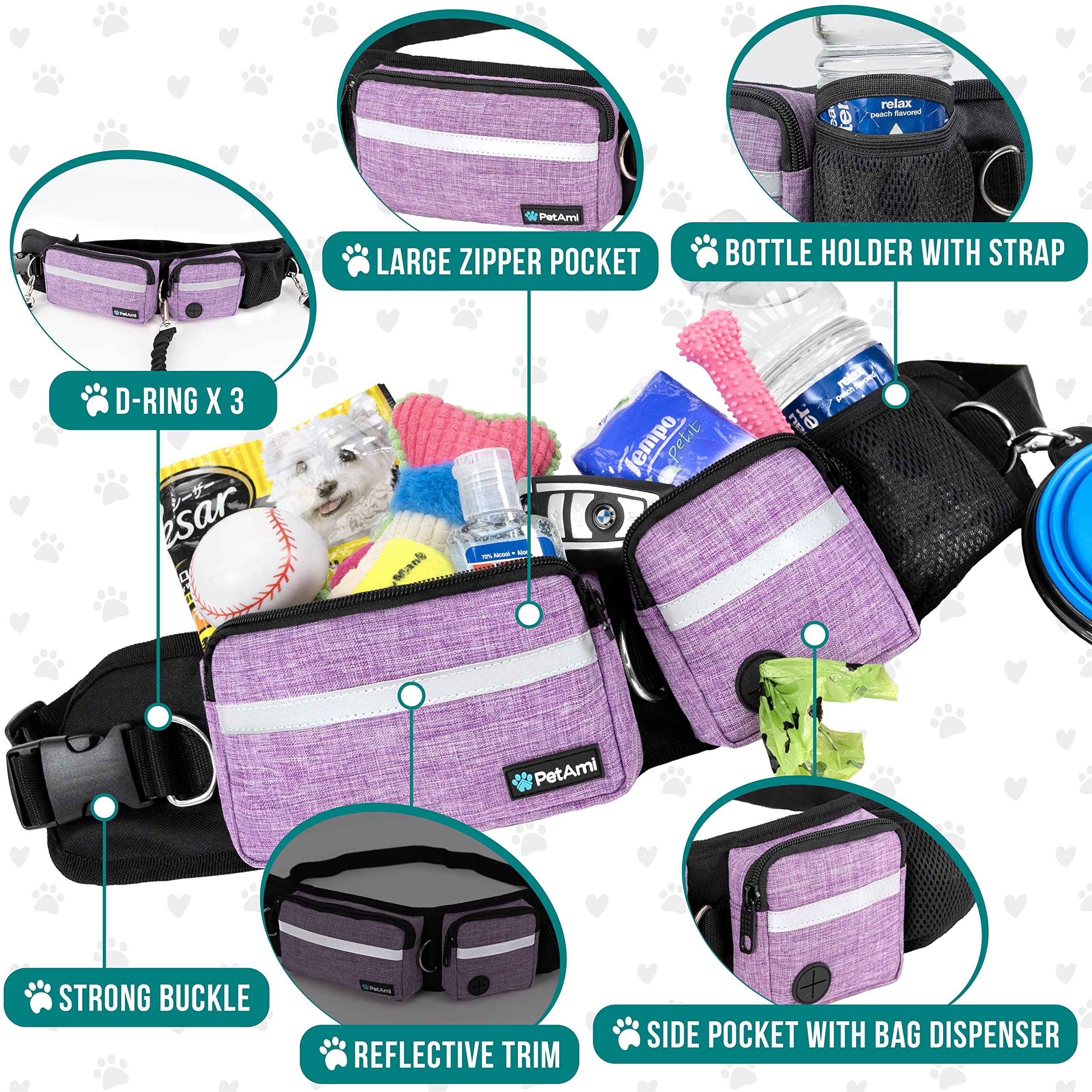 PetAmi poop dispenser and pockets keep waste bags and essentials handy