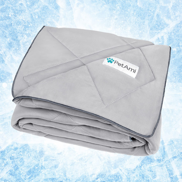 PetAmi Premium Cooling Blanket folded on a sofa offers cooling comfort for pets