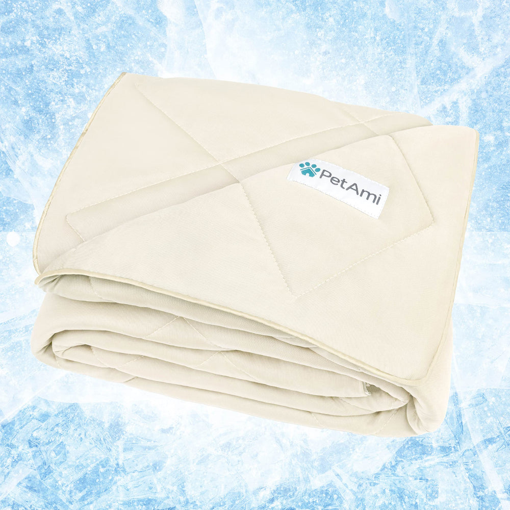 PetAmi Premium Cooling Blanket on-sofa provides comfort and furniture protection.