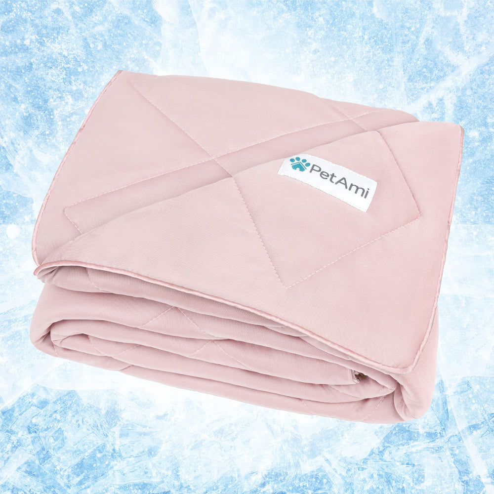 PetAmi Premium Cooling Blanket folded, plush pink comfort for pets.