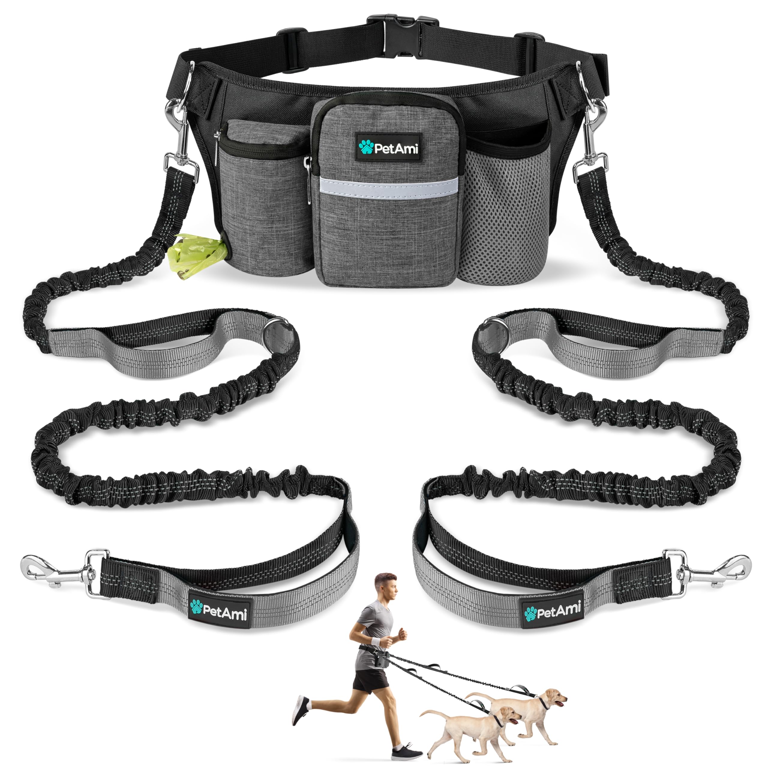PetAmi premium hands-free dual leash for two dogs in action during a walk