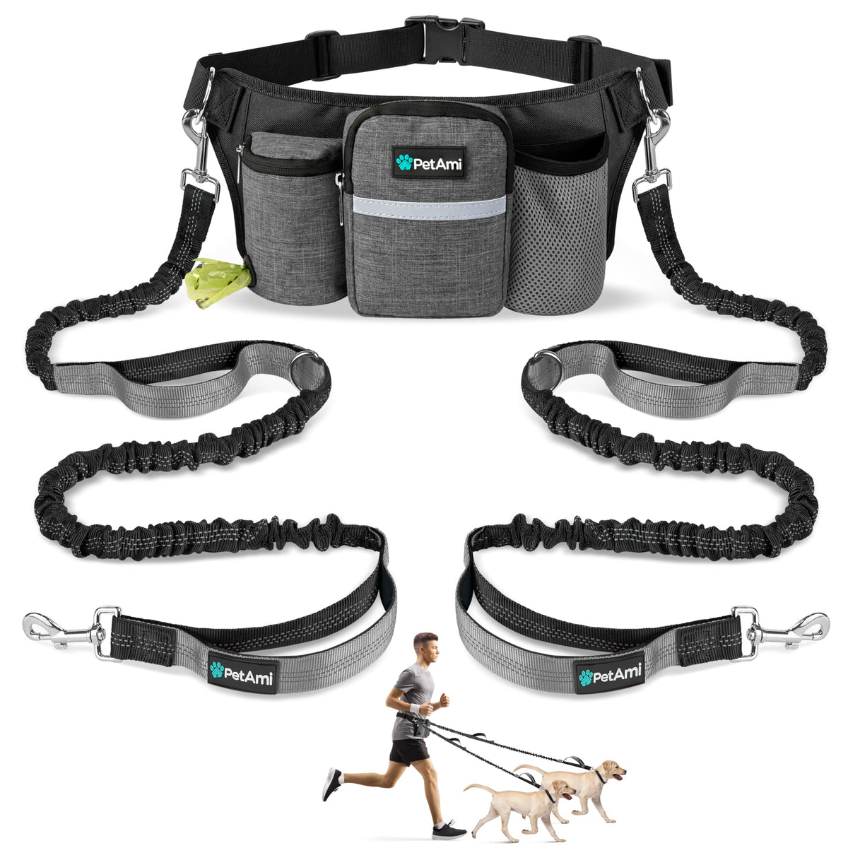 PetAmi premium hands-free dual leash for two dogs in action during a walk