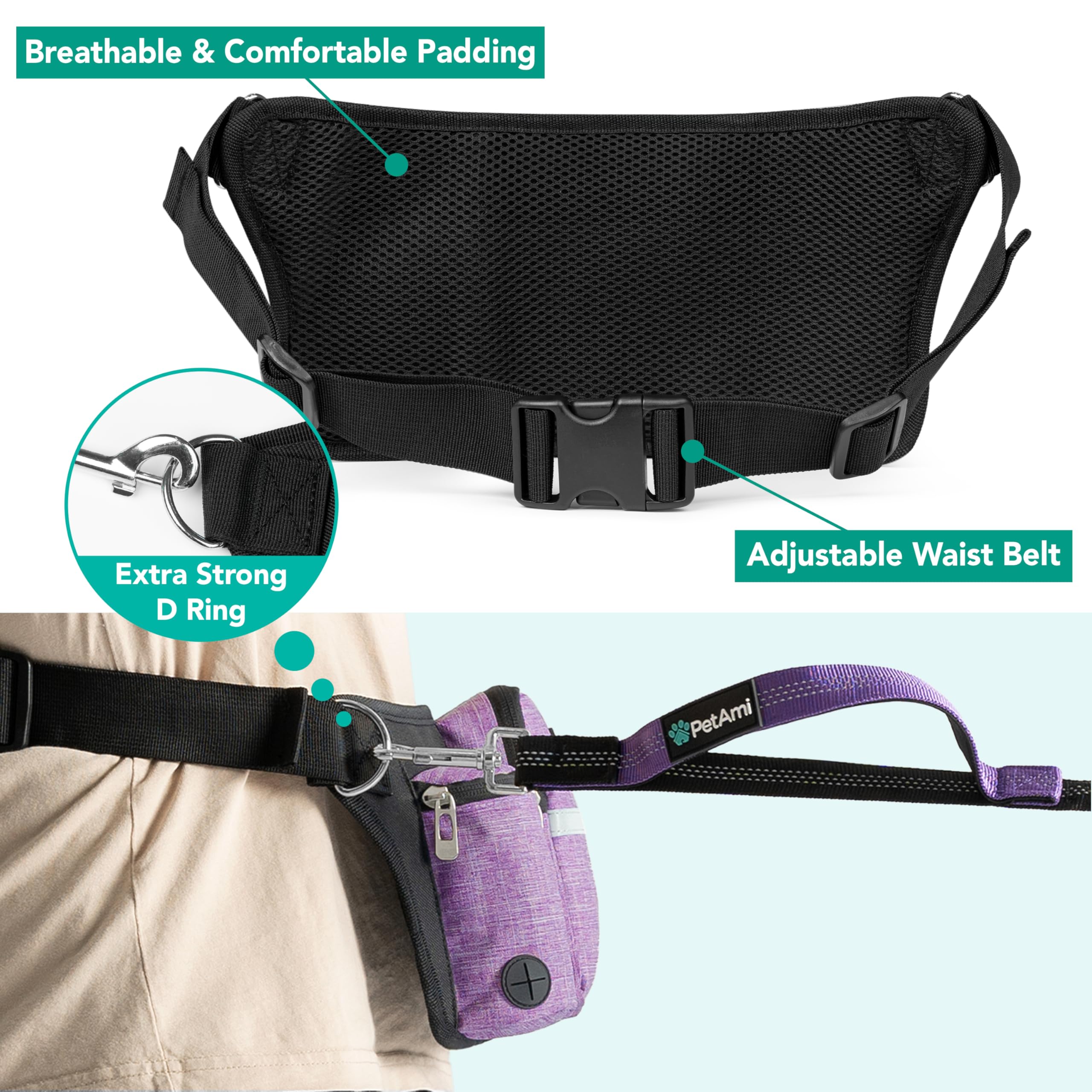 PetAmi leash shows reflective stitching for safer low-light visibility.
