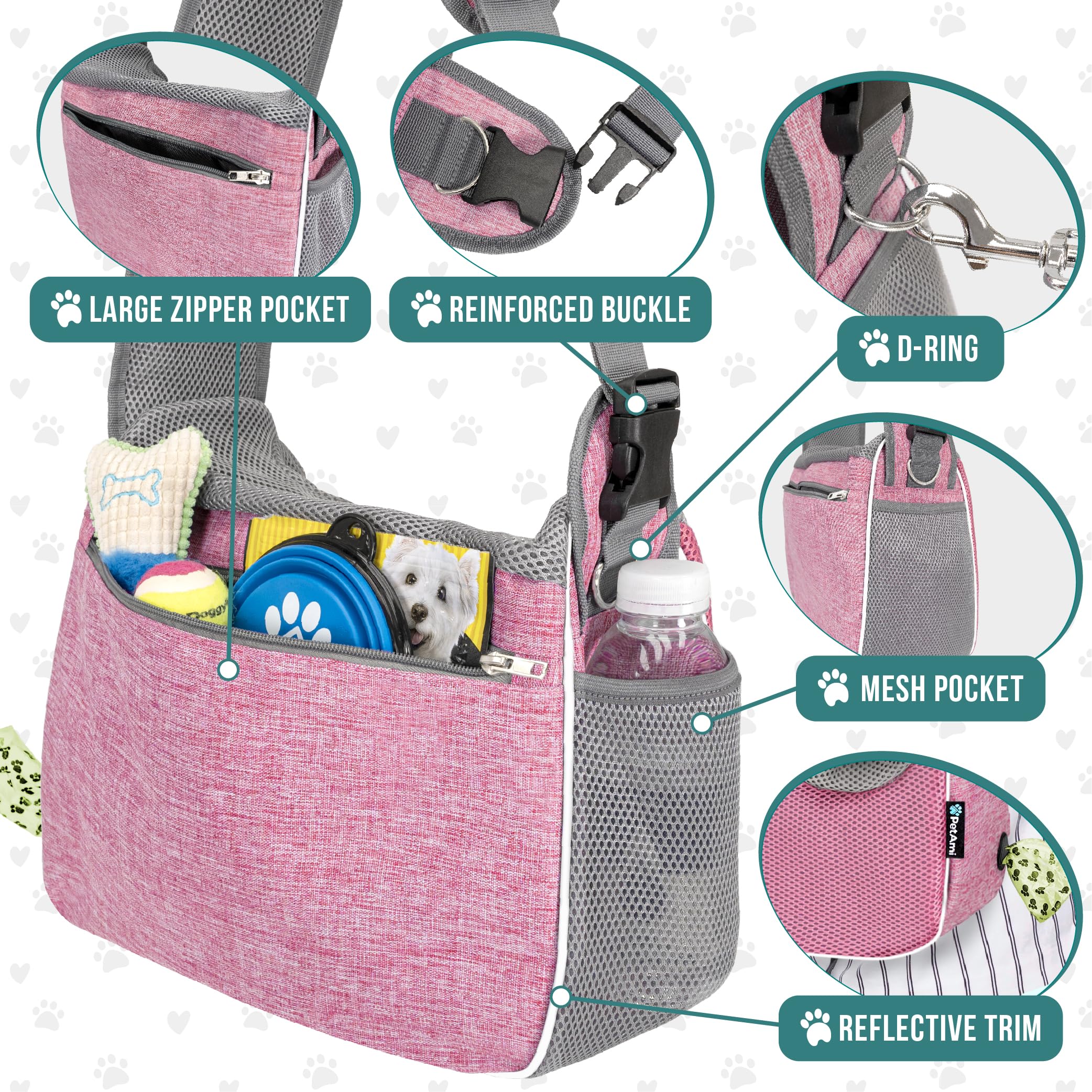 PetAmi safety features with secure harness strap and reinforced dual zipper