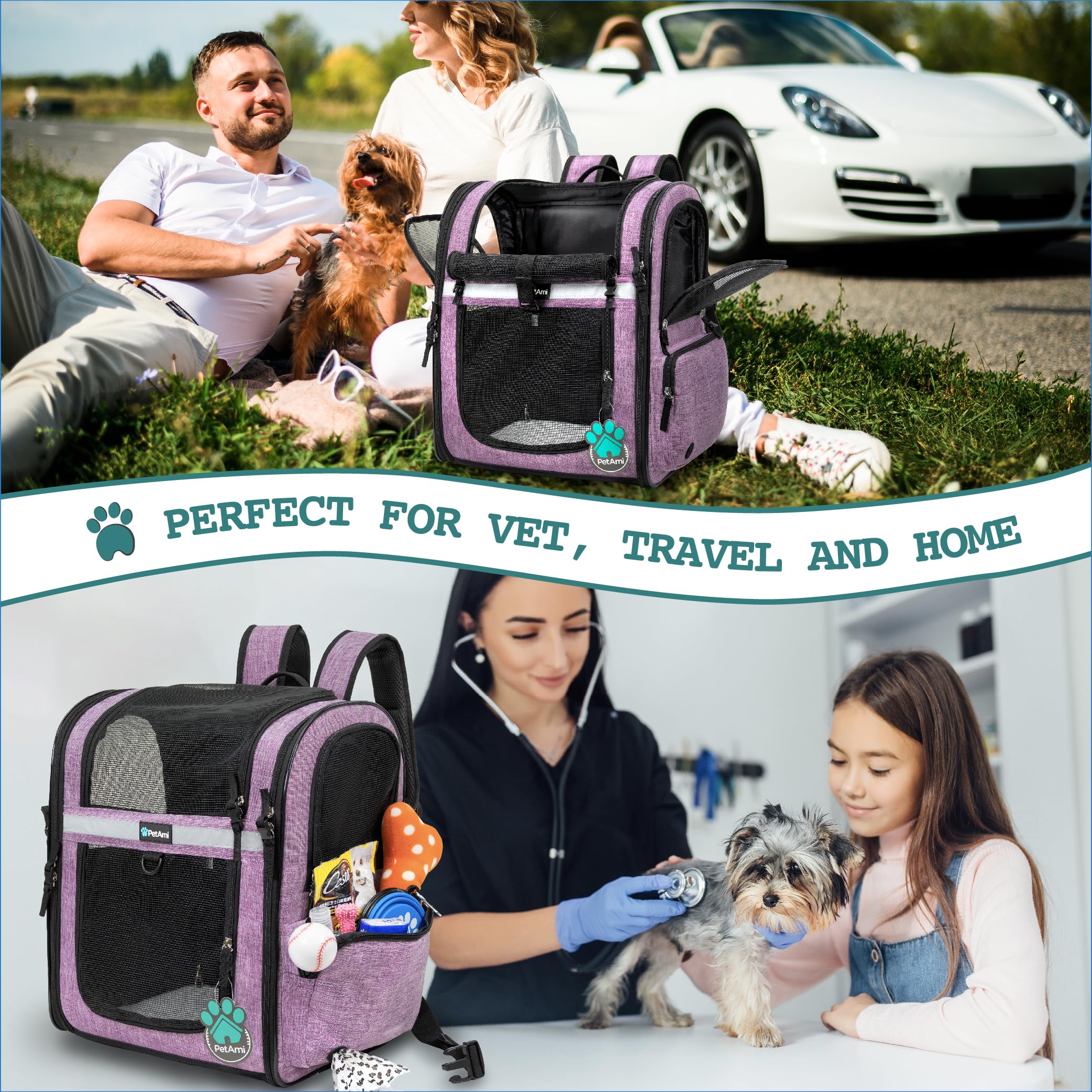 PetAmi multiple pockets and food bowl add convenient storage.