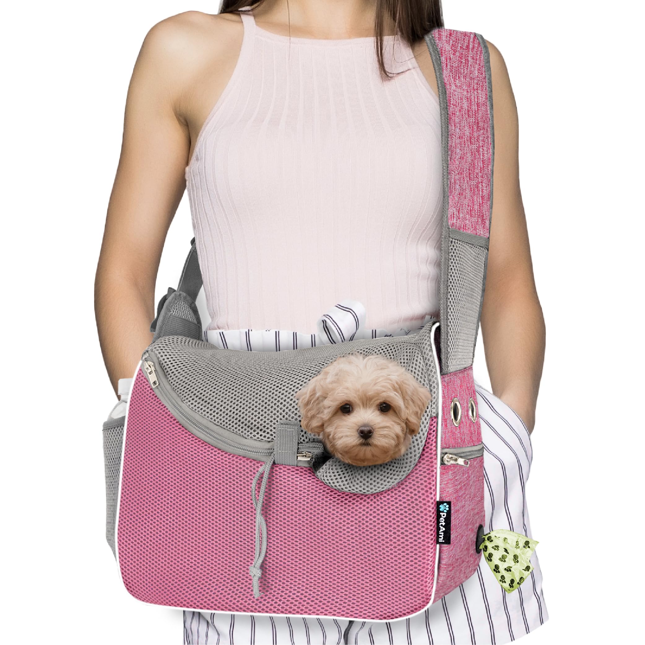 PetAmi sling carrier front view in pink, ideal for hands-free travel with a small pet