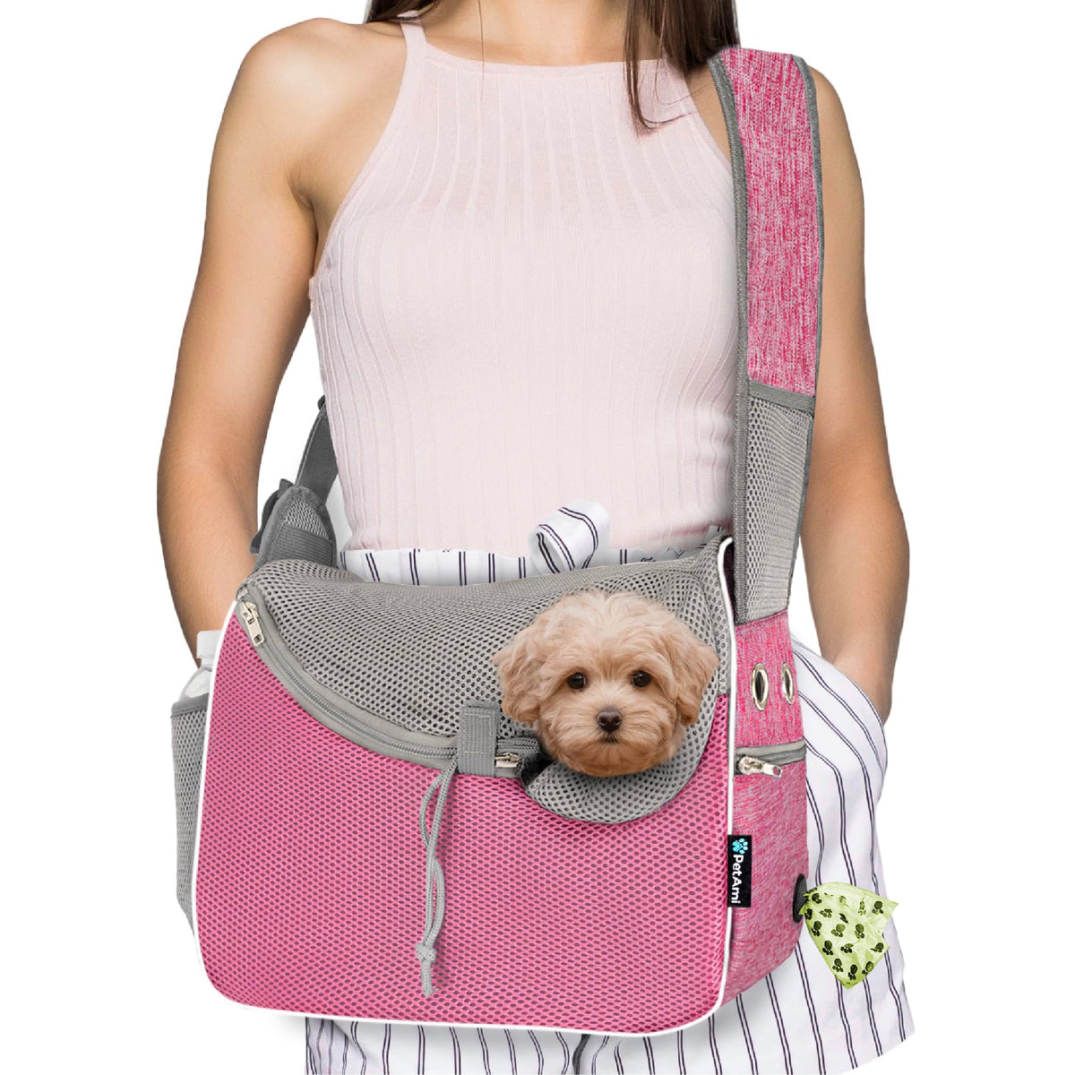 PetAmi sling carrier front view in pink, ideal for hands-free travel with a small pet