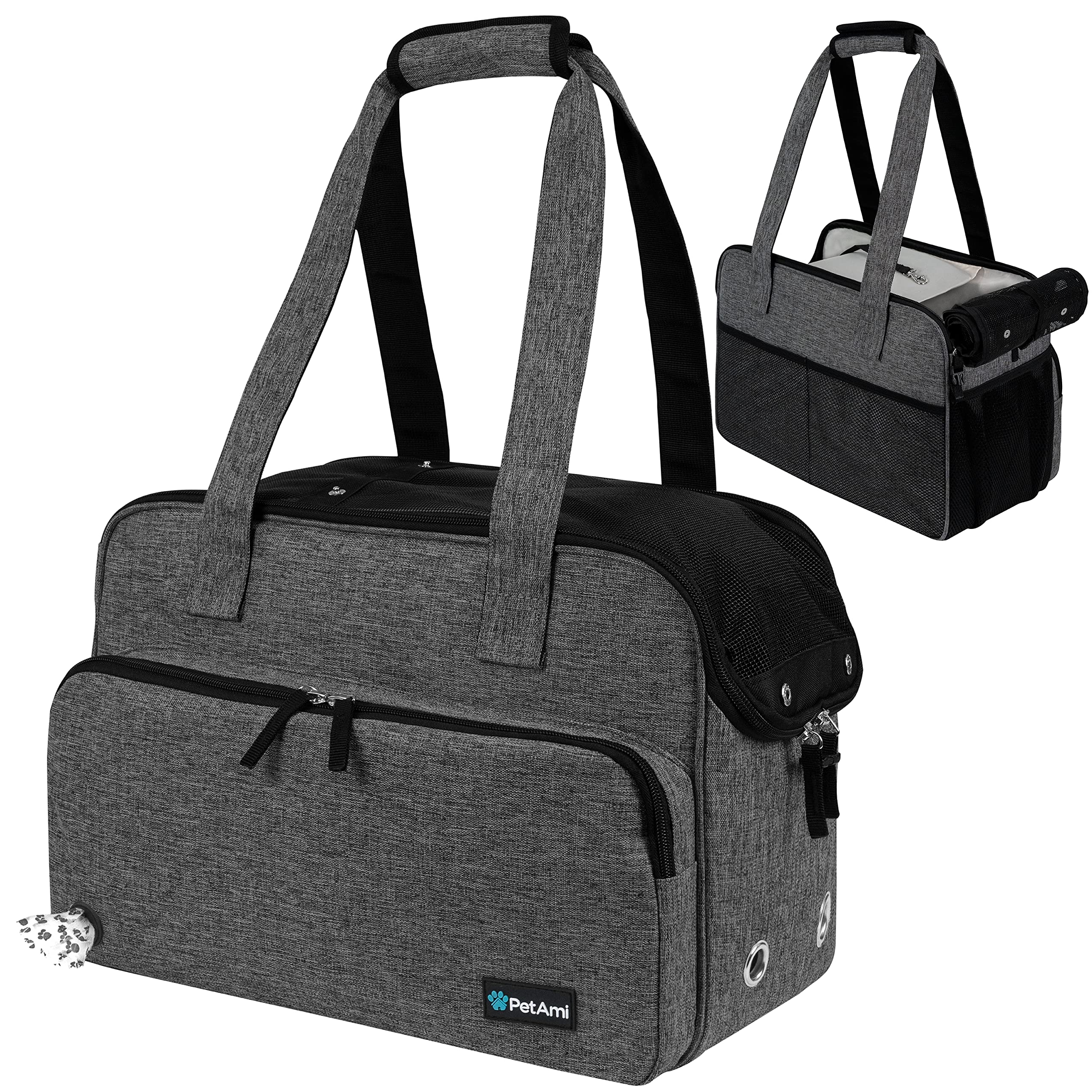 PetAmi small dog purse carrier in dark gray, front view for easy travel.
