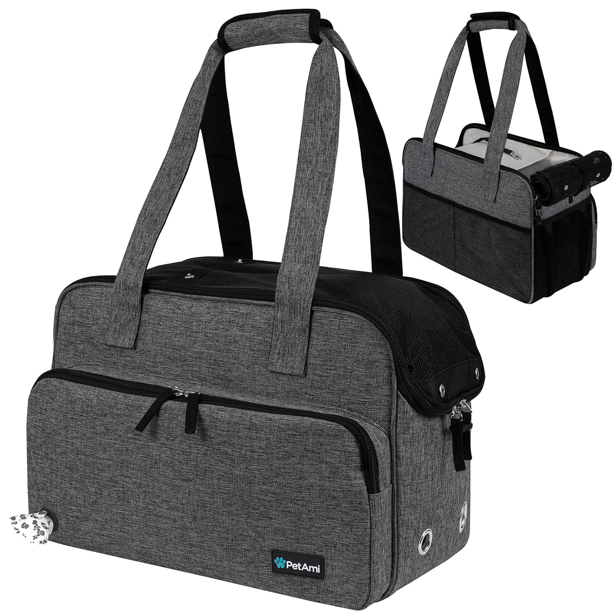 PetAmi small dog purse carrier in dark gray, front view for easy travel.