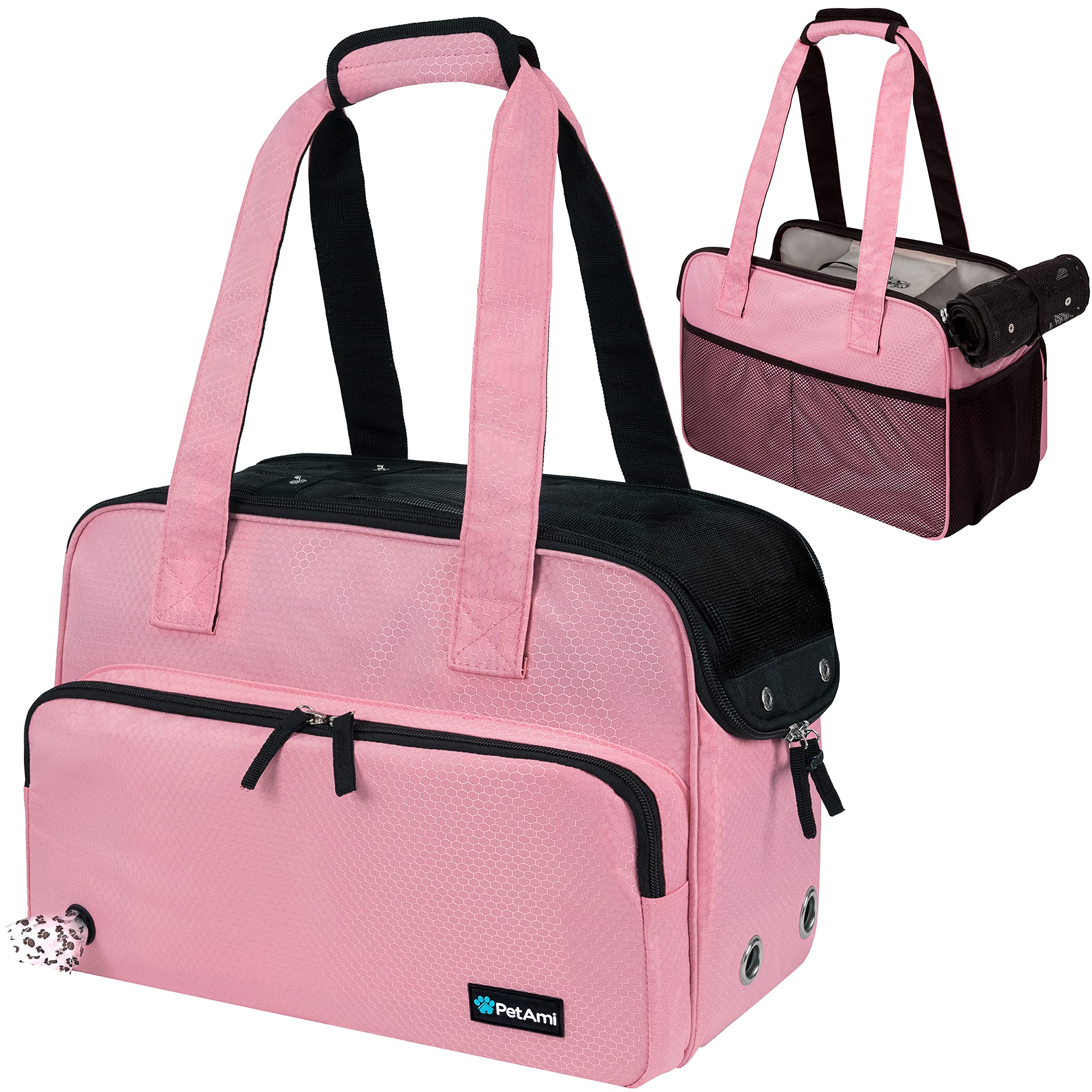 PetAmi Small Dog Purse Carrier front view highlights breathable mesh for comfortable travel.