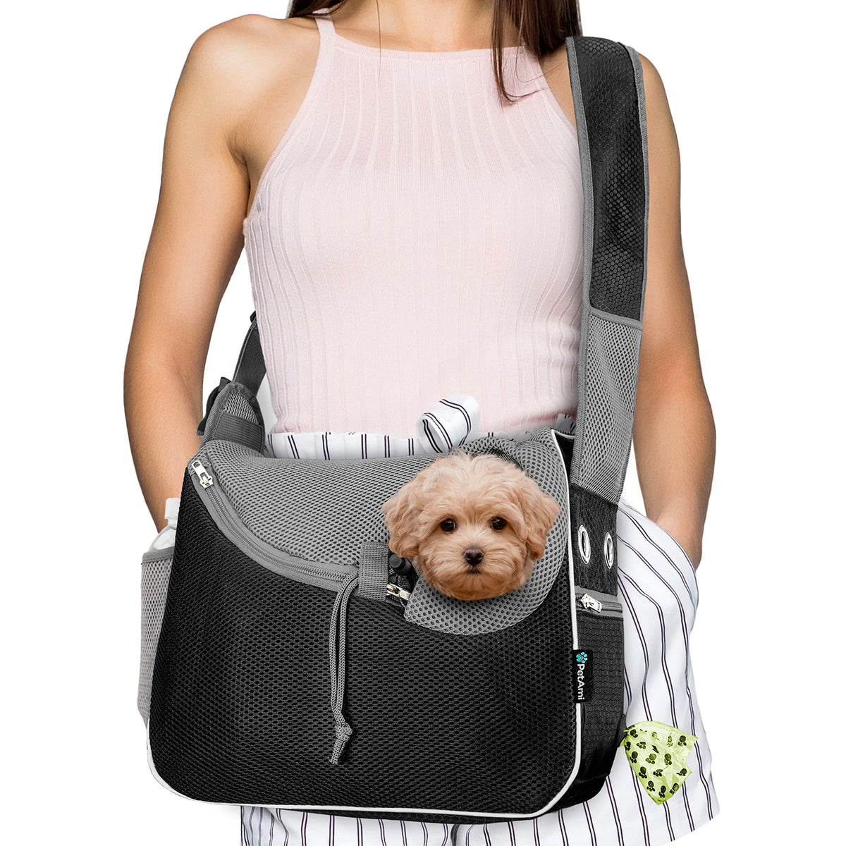 PetAmi sling carrier front view with cozy sherpa bed for travel comfort.
