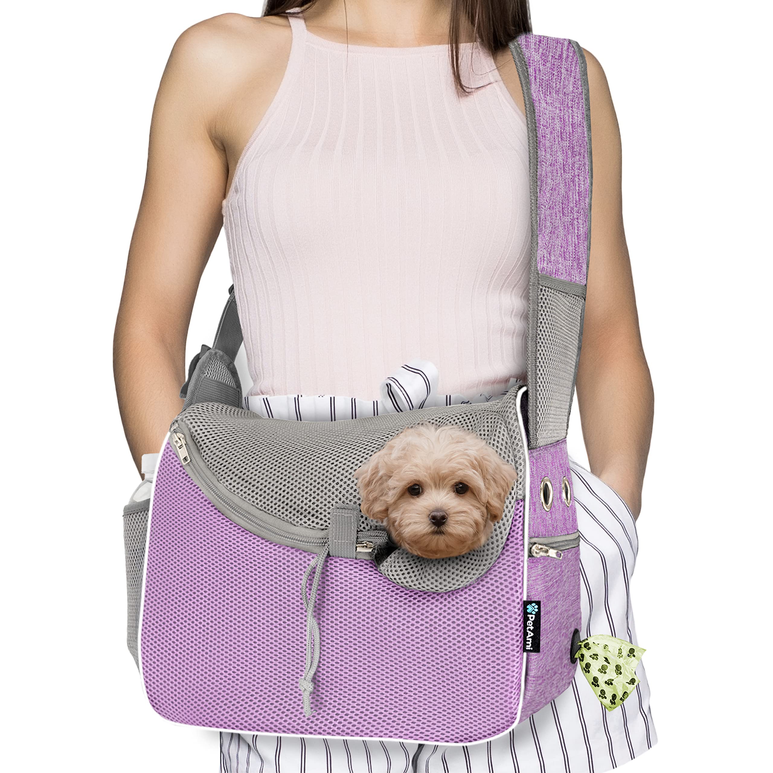 PetAmi small dog sling carrier front view, hands-free transport for pets.