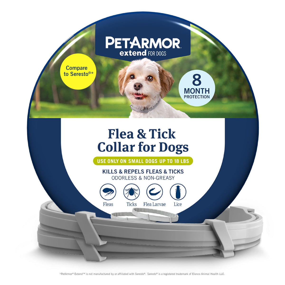 PetArmor Extend collar packaging for small dogs displaying eight months of flea and tick protection.