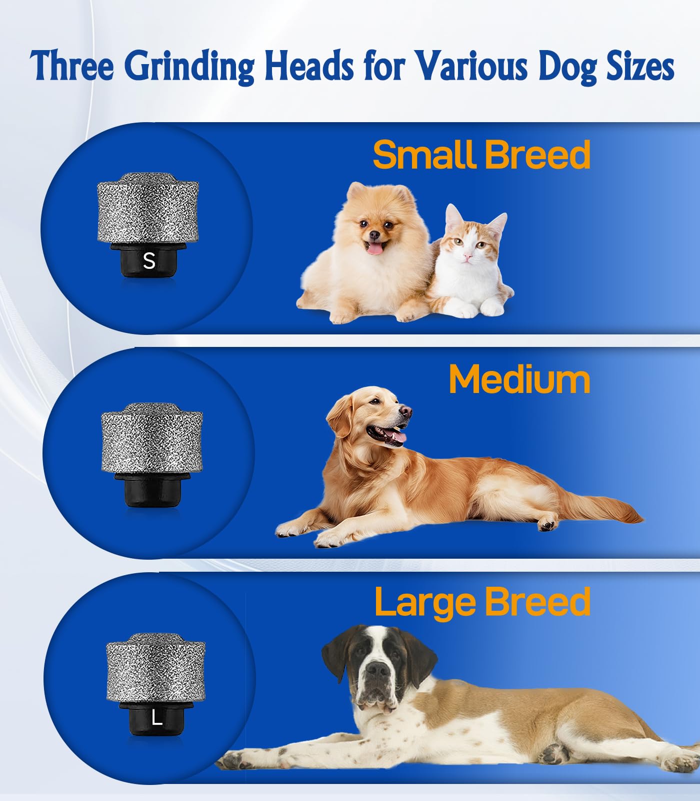 Three grinding heads for different nail sizes