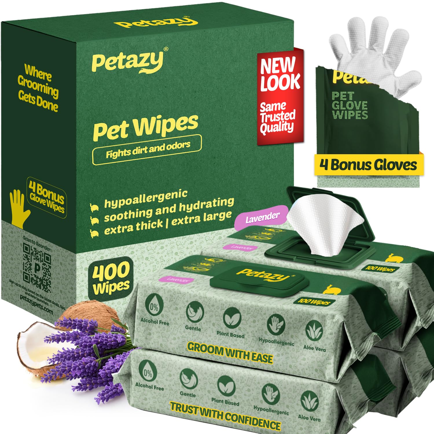 Petazy full-body wipe in 8x8 inch sheet cleans paws and coat efficiently.