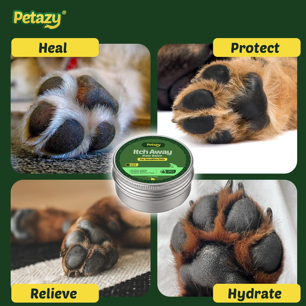 Packaging display of Petazy Itch Away paw balm on shelf