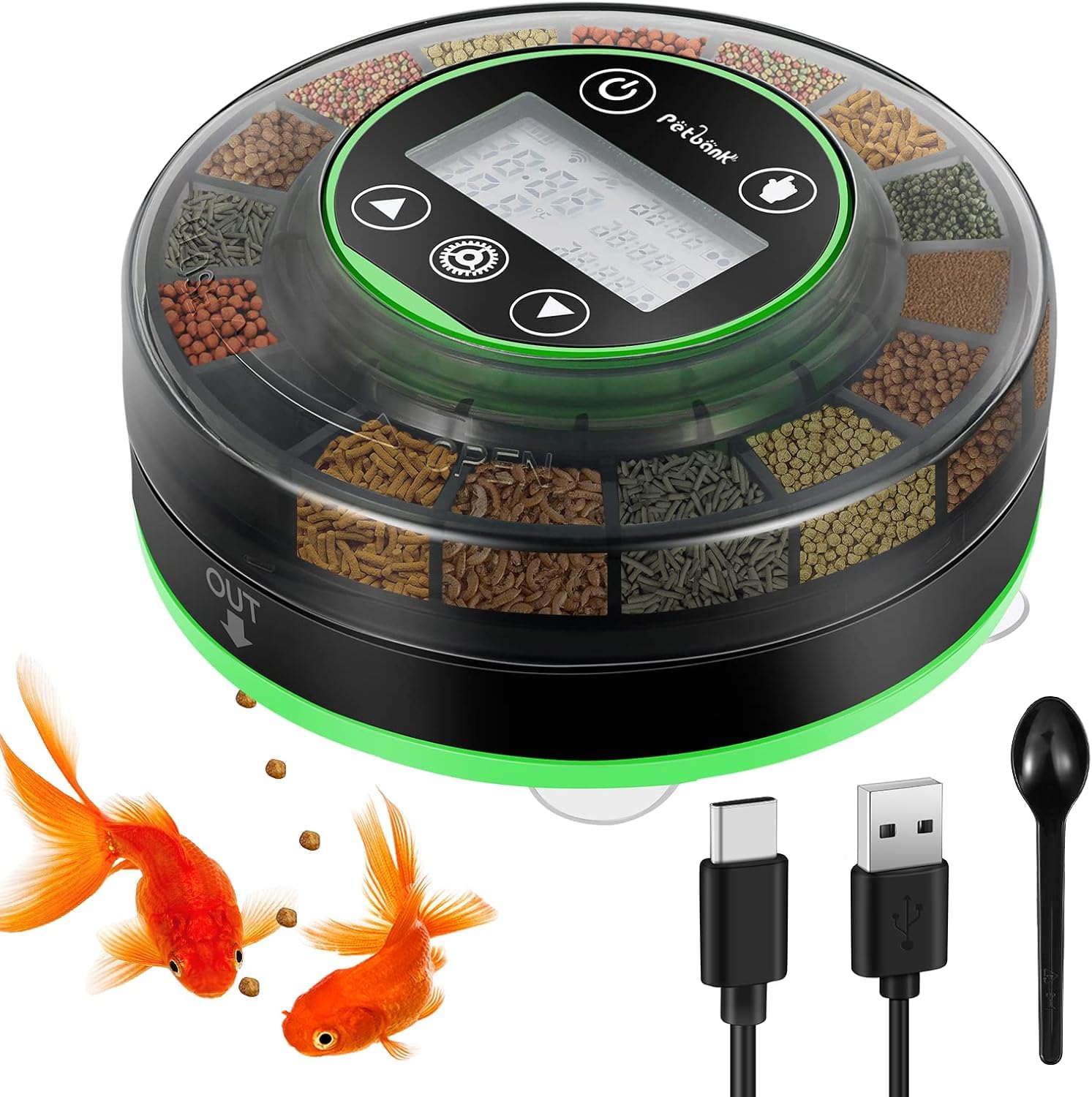 Petbank automatic feeder installed in aquarium showing 16-grid meal system.