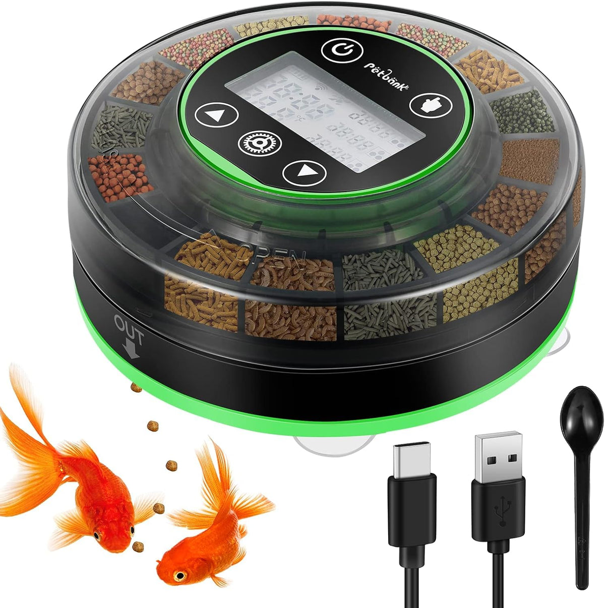 Petbank automatic feeder installed in aquarium showing 16-grid meal system.