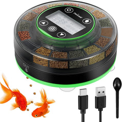 Petbank automatic feeder installed in aquarium showing 16-grid meal system.