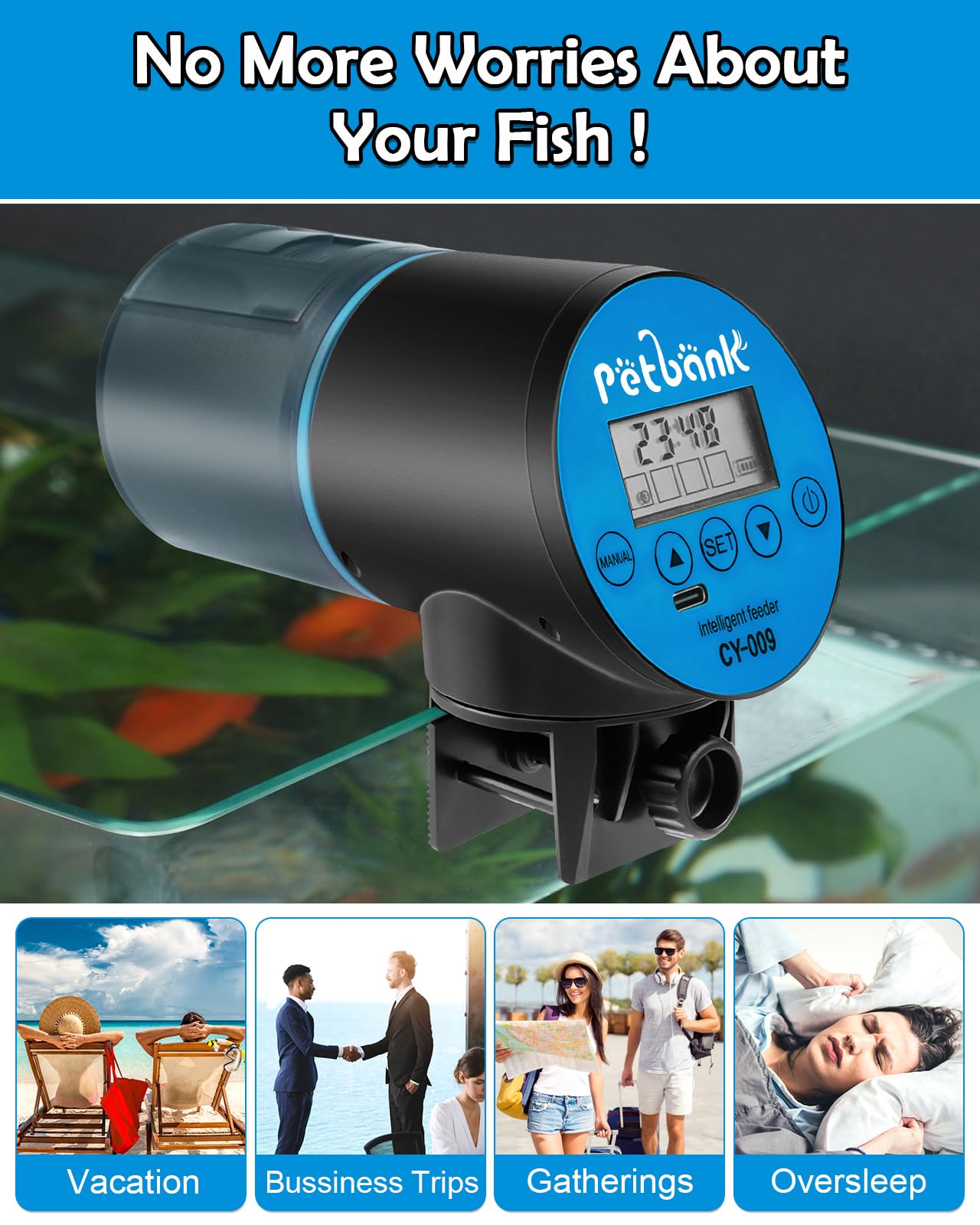 Petbank vacation mode ensures regular feeding while away.