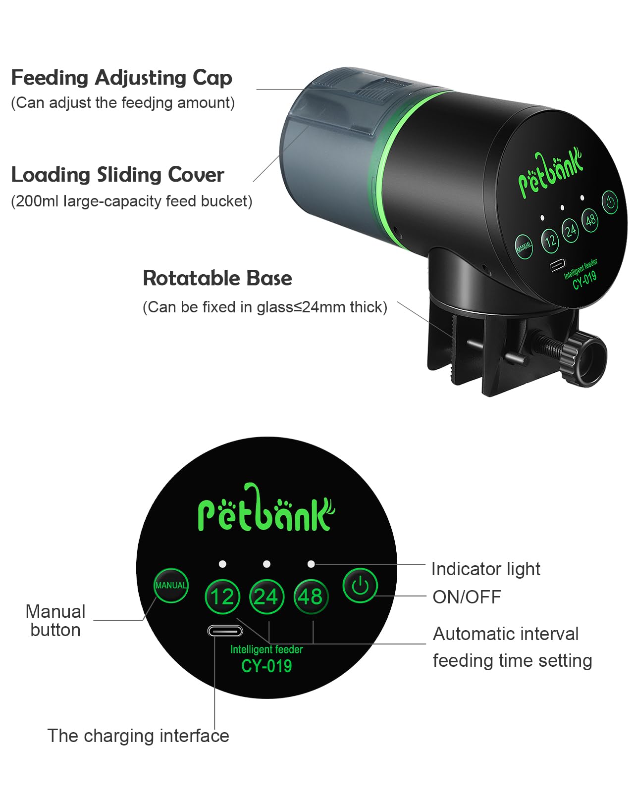 Petbank CY-019 adjustable slider shows customizable feeding amount
