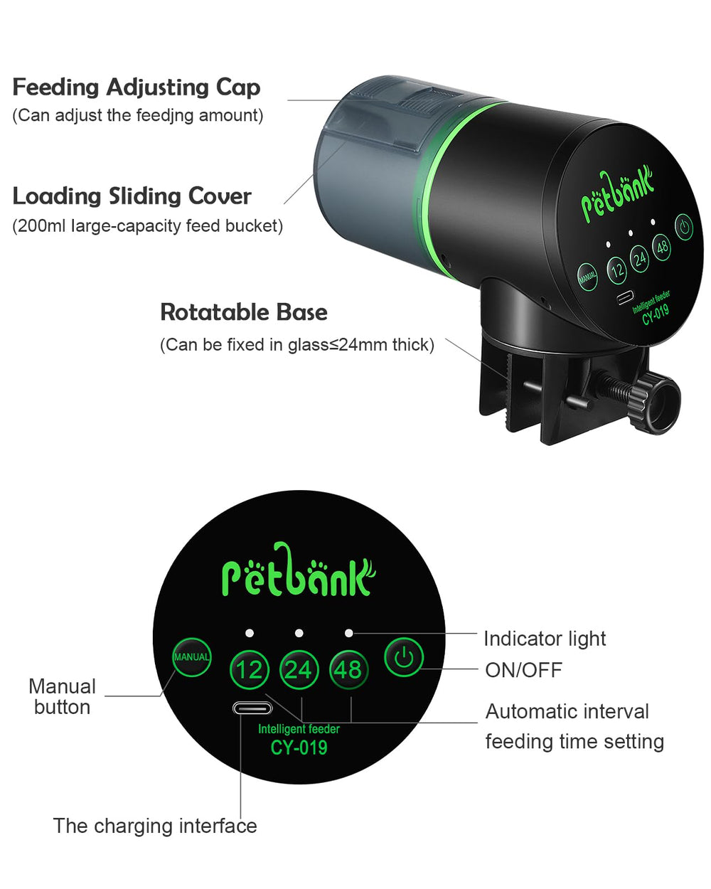 Petbank CY-019 adjustable slider shows customizable feeding amount