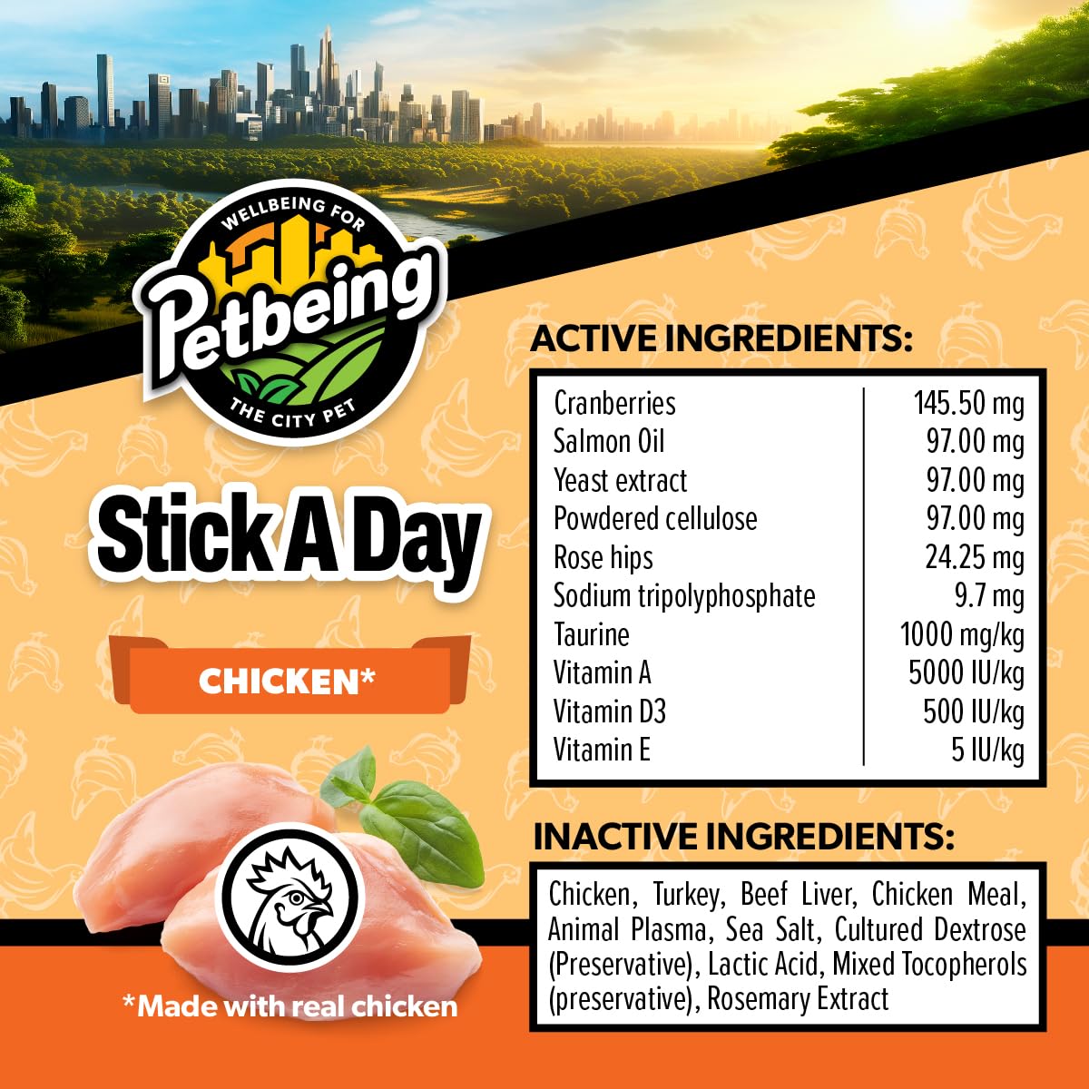 PETBEING Stick a Day Cats 7-in-1 label highlighting seven functional areas.