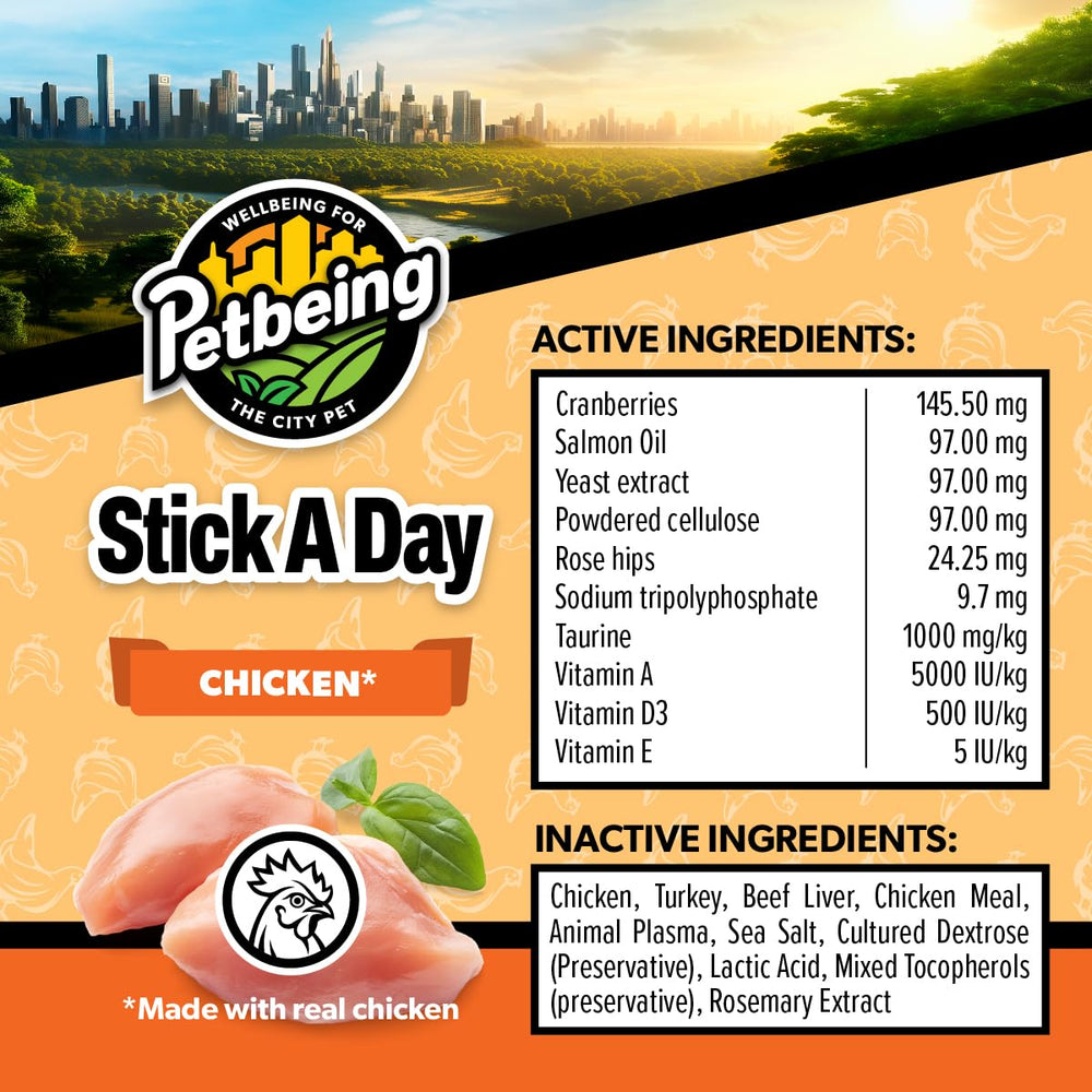 PETBEING Stick a Day Cats 7-in-1 label highlighting seven functional areas.