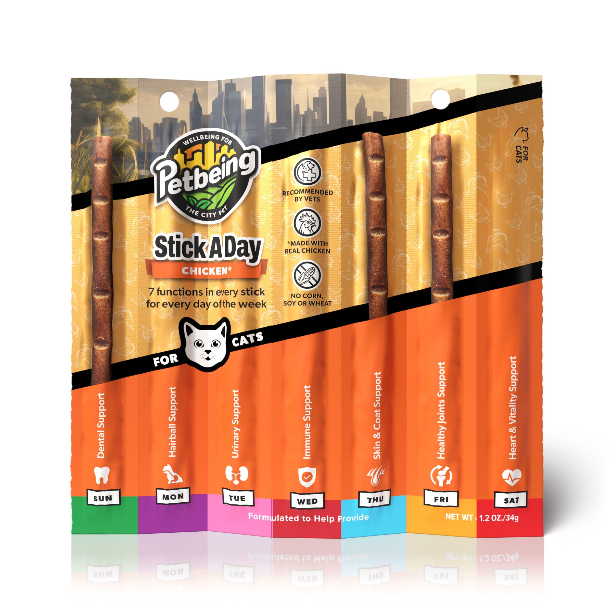PETBEING Stick a Day Cats 4-pack mix shown in packaging for convenient dosing.