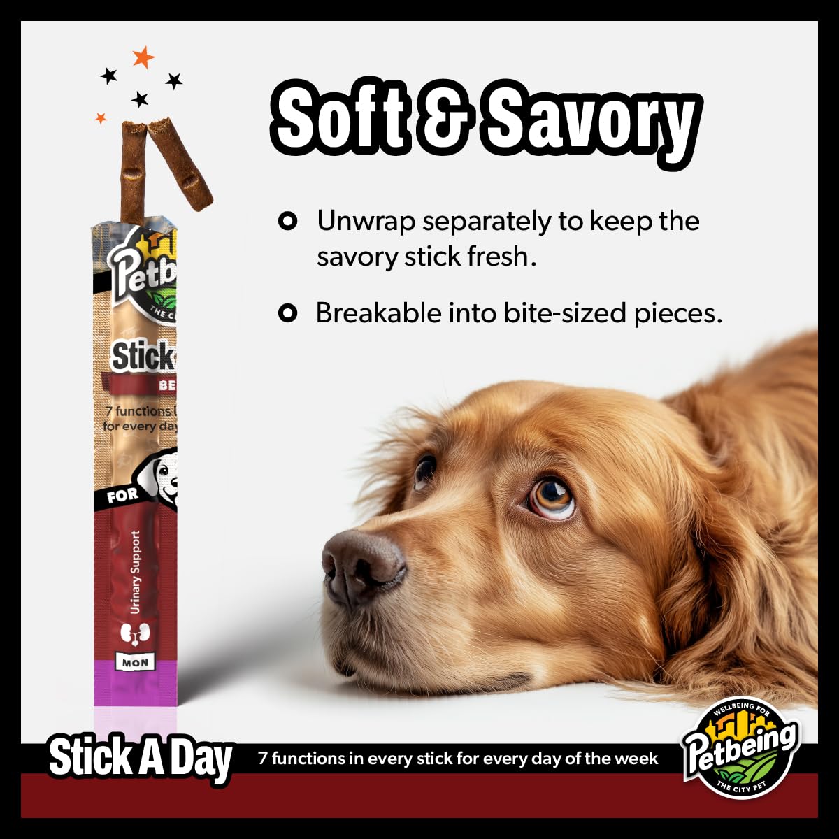 PETBEING Stick a Day joints-heart chew targets joints and vitality for an active dog.