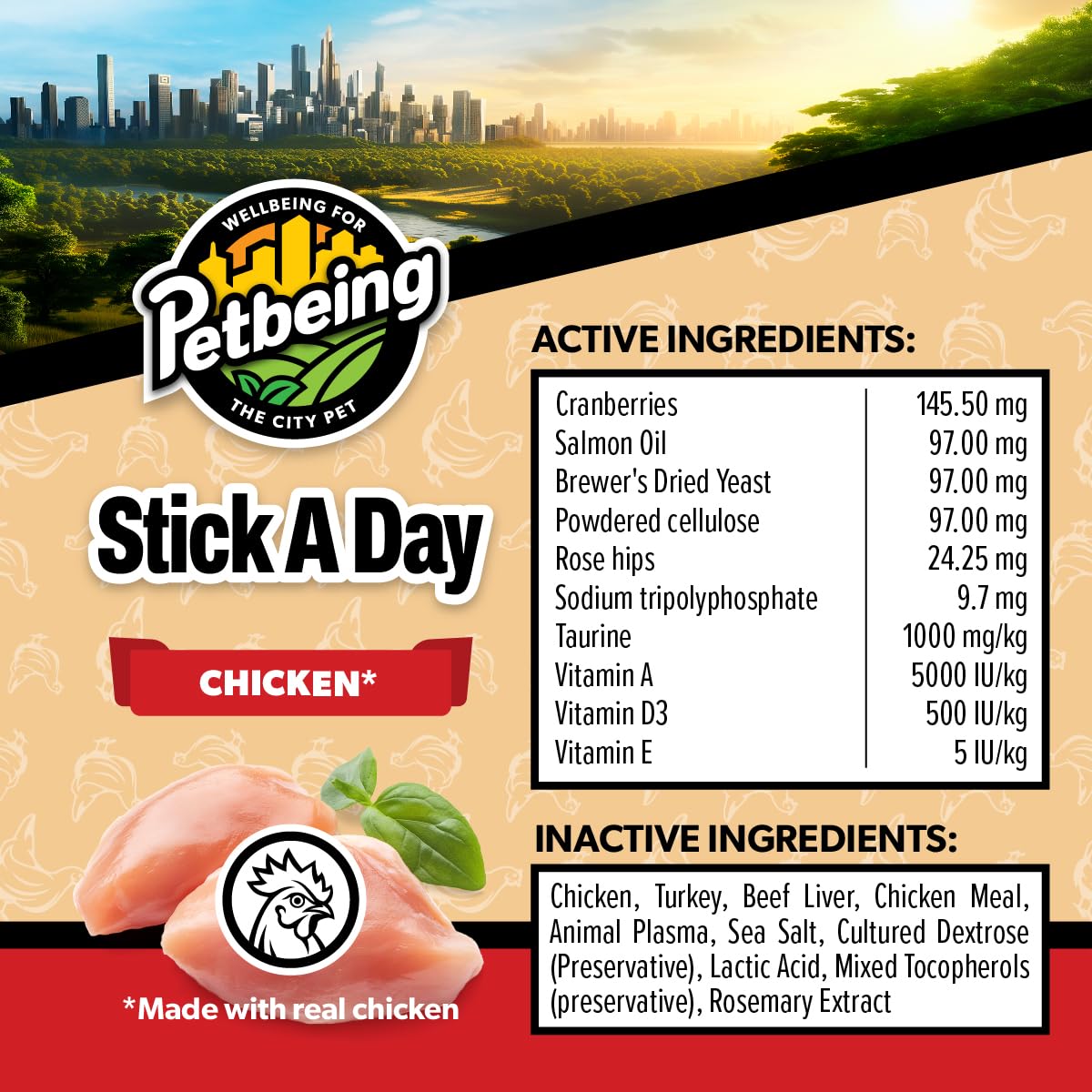 PETBEING Stick a Day 7-in-1 daily pack provides a complete monthly supply.