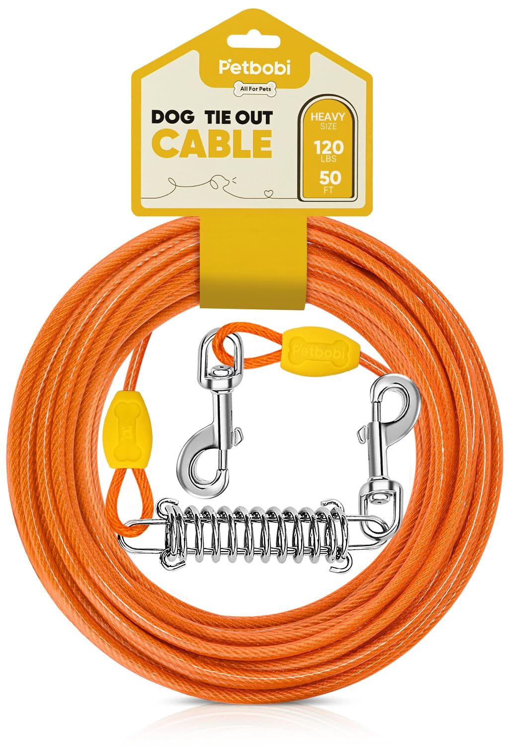 Petbobi 50ft dog tie-out cable with spring for outdoor play and safety.