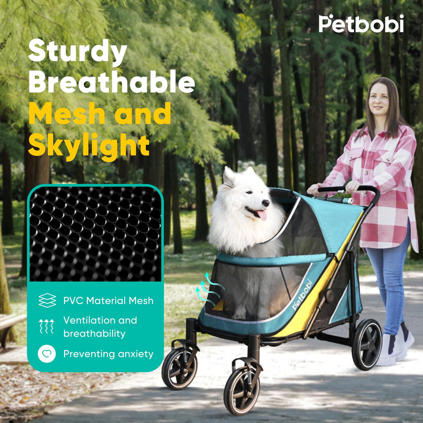 Petbobi dog stroller brake system keeps stability on varied terrain.