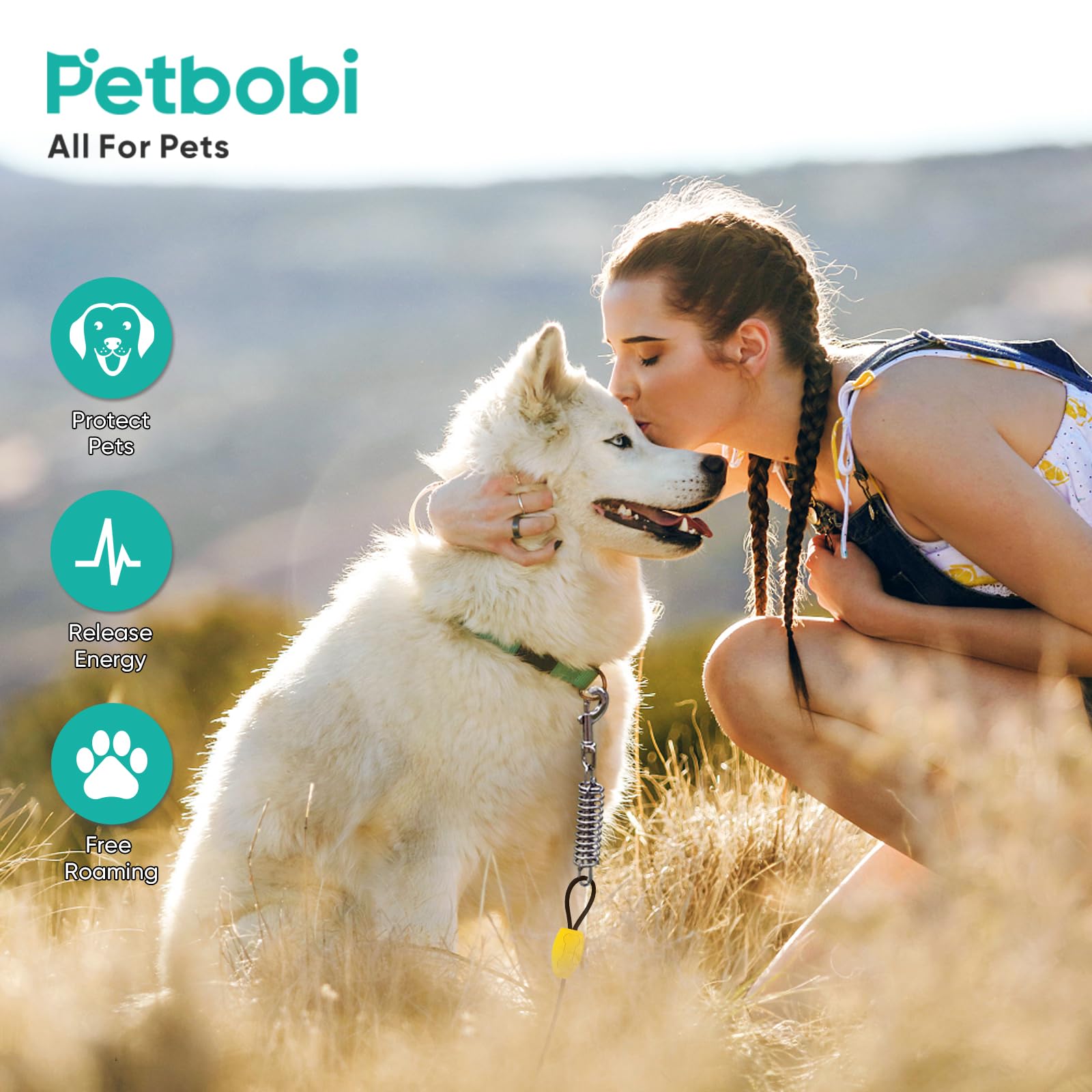 Petbobi sturdy tie-out for dogs up to 120 lbs in black.