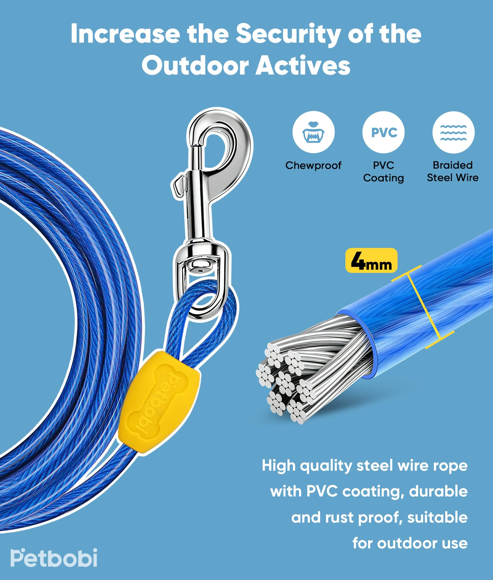 Petbobi tie-out shows 360 degree swivels to prevent tangles