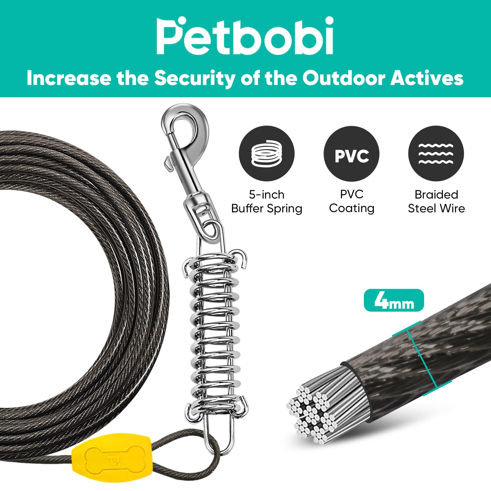 Petbobi tie-out with spring absorbs impact during playful lunge movements.