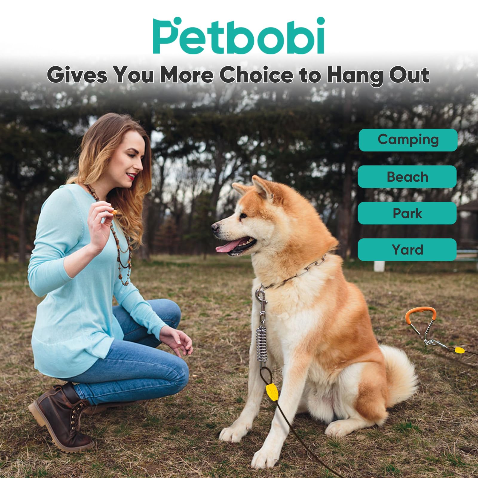 Petbobi outdoor dog roaming setup for yard, camping, and beach use.