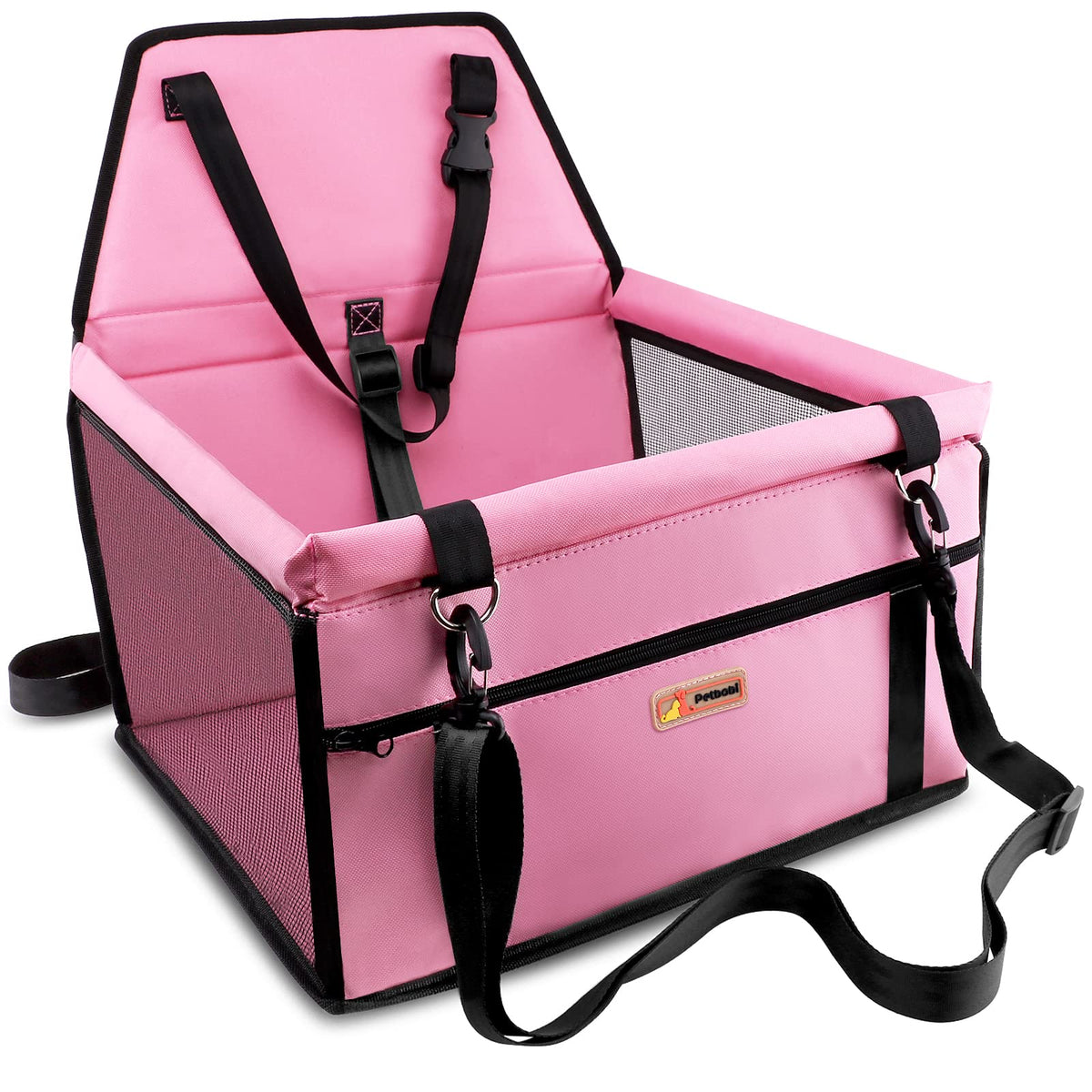 Petbobi reinforced booster seat back view shows stability in travel