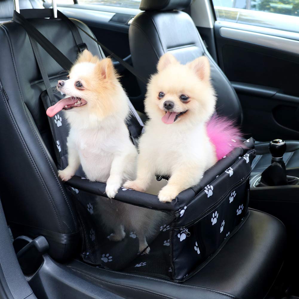 Black paw print design on Petbobi booster seat adds a travel-friendly touch.