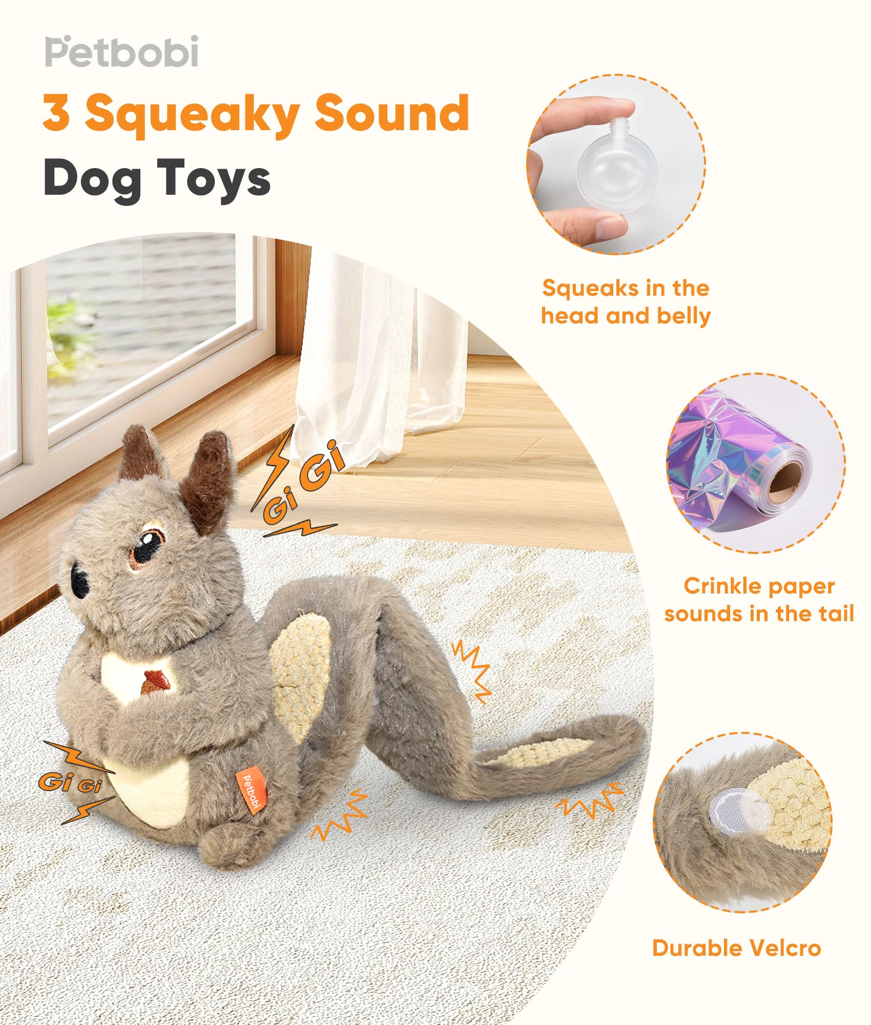 Petbobi Squeaky Dog Toy – tail pockets reveal hidden treats and slow feeding.