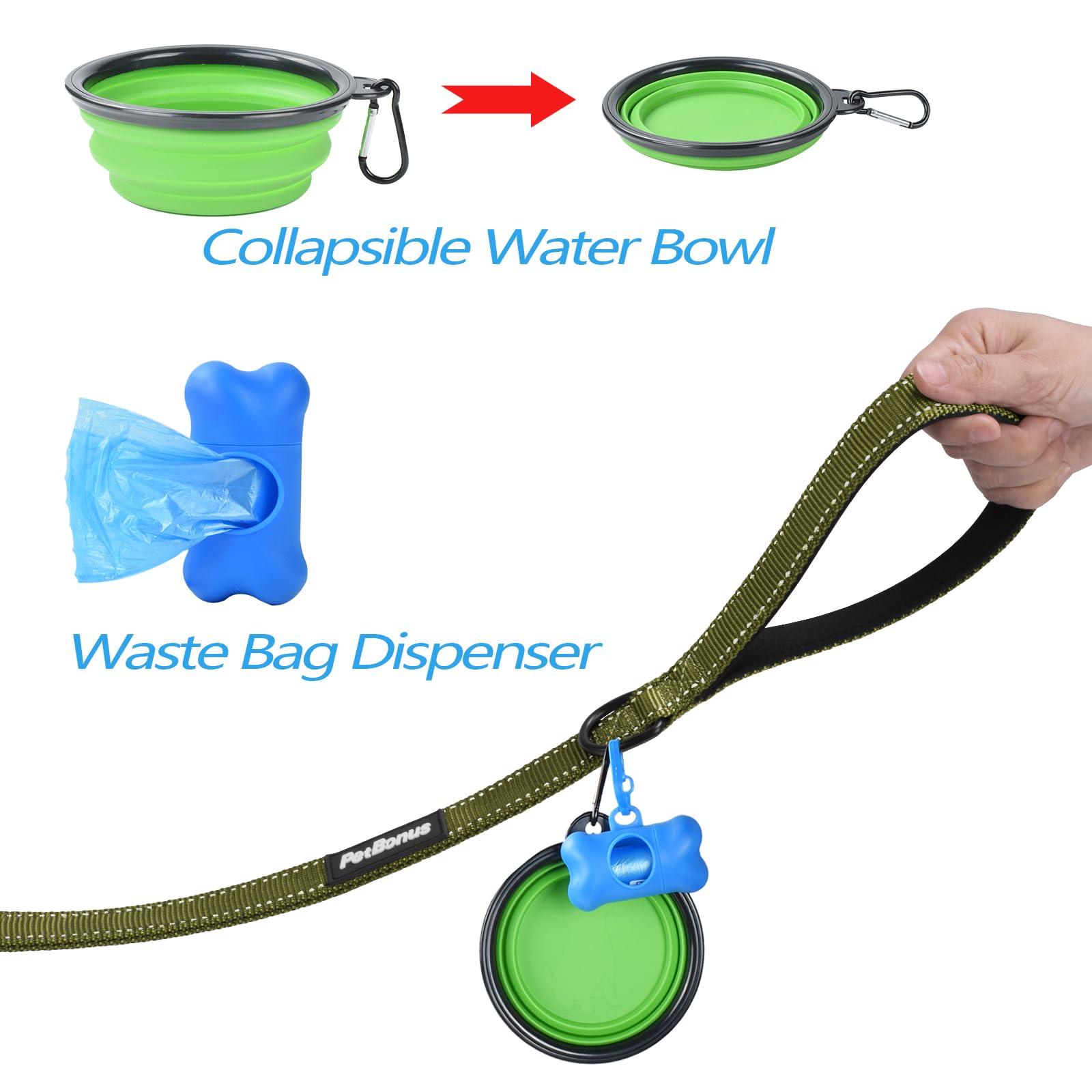 PetBonus includes collapsible bowl and waste bag dispenser for on-the-go needs.