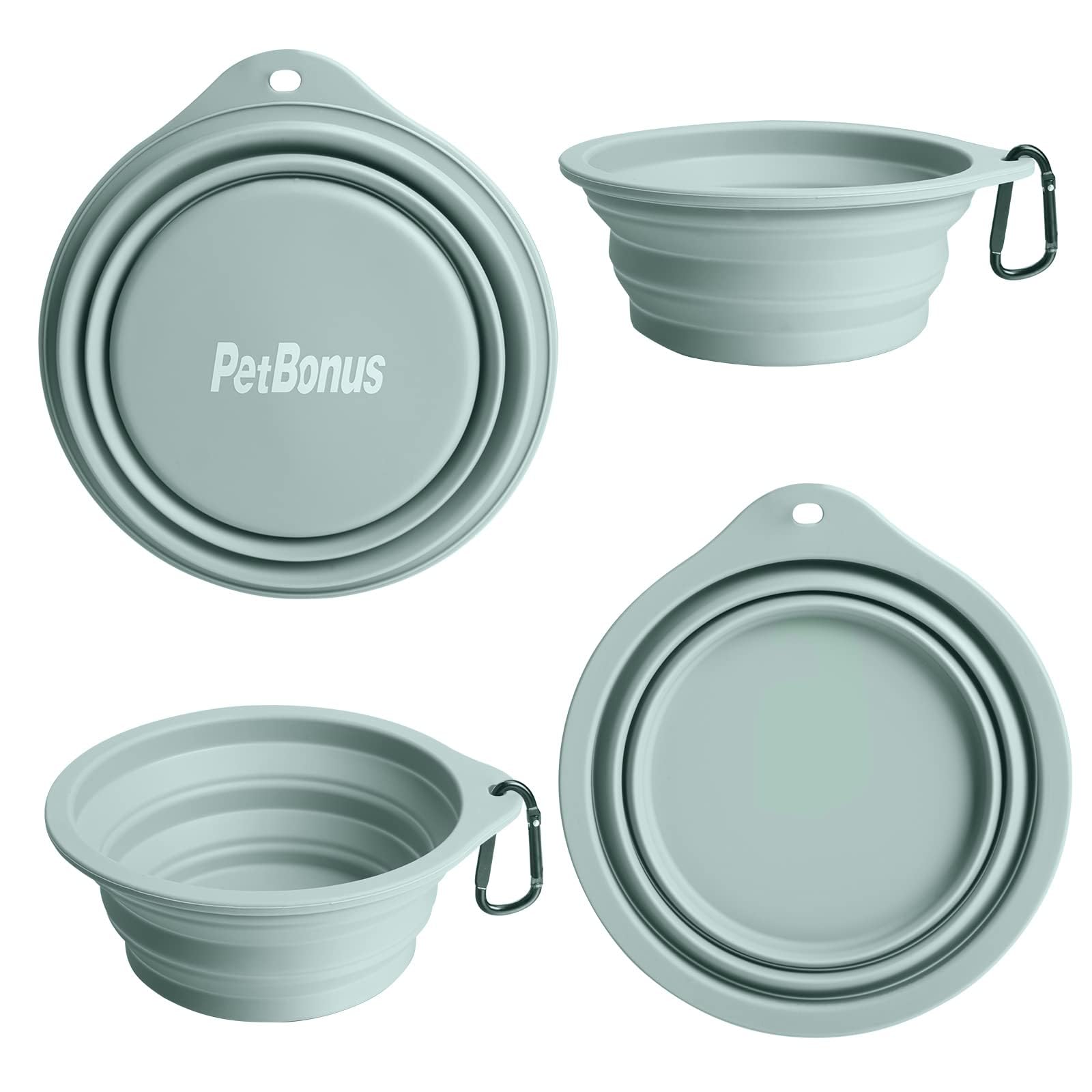 PetBonus collapsible dog bowl folded compact in tan for travel.
