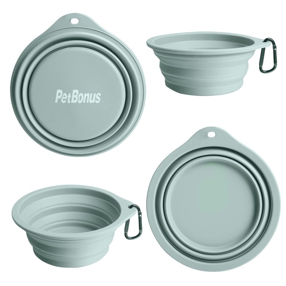PetBonus collapsible dog bowl folded compact in tan for travel.