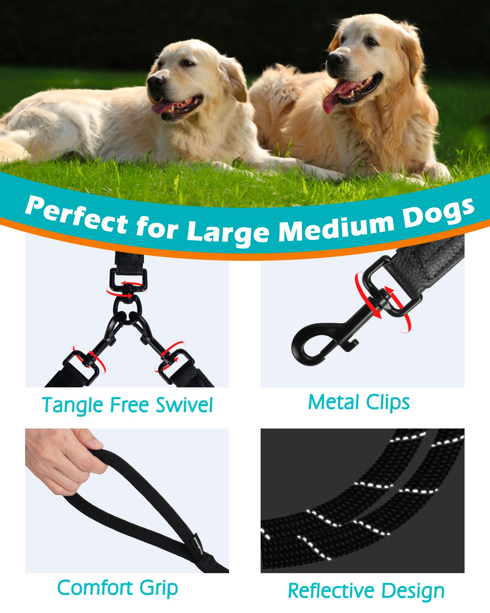 PetBonus dual leash with two padded handles ideal for comfortable, controlled training.
