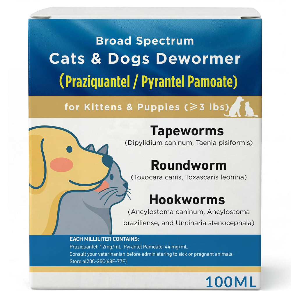 Petcci dewormer liquid bottle for cats and dogs, broad-spectrum worm relief.